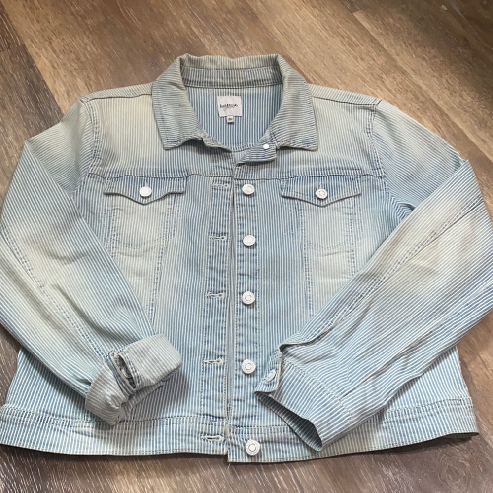 kensie distressed pinstripe jean jacket